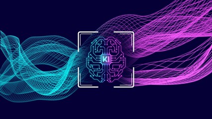 Human brain symbolic for KI Artificial Intelligence centered into background of grid waves - abstract cyber technology and automation concept - 3D Illustration