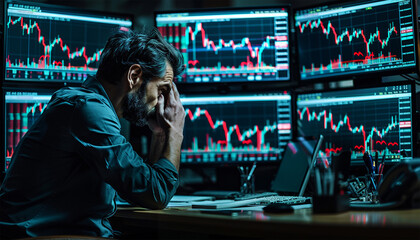 Stockbroker Male Looking at Stock Trading data on Display Board at Stock Exchange Market as Business financial investment concept. The Market trend is decrease or Down as show in red Figure. Stressed 