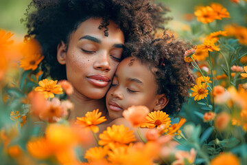Naklejka premium Colorful Blooms Embrace Black Mother and Son