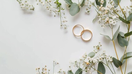 Wedding and engagement greeting card. Two rings and gypsophila flowers on white background
