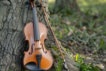 violin propped against an old oak tree