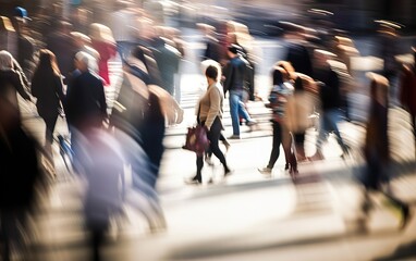 Abstract blurred background of business busy people walking on sidewalk at business center in the city.
