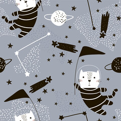 Seamless childish pattern with cute cats astronauts. Creative nursery background. Perfect for kids design, fabric, wrapping, wallpaper, textile, apparel - 764617687