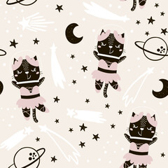 Seamless childish pattern with cute cats astronauts. Creative nursery background. Perfect for kids design, fabric, wrapping, wallpaper, textile, apparel