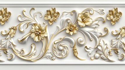 3D relief floral design with gold and white ornament on a white background. - obrazy, fototapety, plakaty