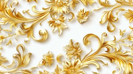 Gold baroque floral ornament on white background.