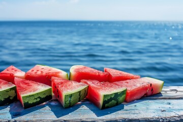 watermelon pieces arranged in arrow shape, pointing to sea