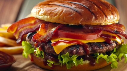 Delicious Bacon Cheeseburger With Lettuce and Tomatoes - obrazy, fototapety, plakaty