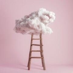 Whimsical cotton cloud with a wooden ladder reaching upwards, metaphor for aspiration and the journey to achieve dreams on a pink backdrop - AI generated