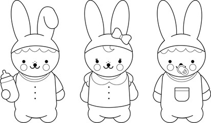 Cartoon bunny baby girl and boy with milk bottle. Cute baby rabbits. Vector black and white coloring page.