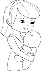 A happy new mother holding her sleeping newborn baby. Mommy holding her infant in a hug. Vector black and white coloring page.