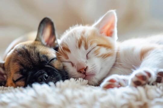 Cats and dogs sleep soundly together. Generate AI image