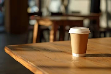 Foto auf Leinwand Disposable coffee cup on a wooden table. © Kaplitskaya Love