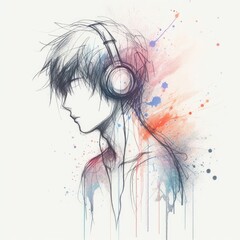 Asian boy enjoying music wearing headphone illustration with Generative AI.