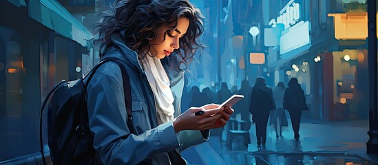 A young woman with brunette hair is standing on a crowded city street, looking at her smartphone screen among tall buildings and bustling urban activity
