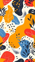 Naklejka premium A modern illustration of abstract organic shapes mixed with leafy foliage in a fresh and contemporary color palette, suitable for various creative uses.