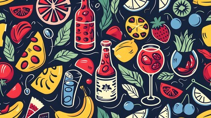 Obraz premium Ideal for festive and culinary concepts, a lively and detailed illustration showcasing a summer theme with fruits, cocktails, and citrus slices.