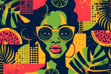 A pop art portrait of a woman with stylish sunglasses, surrounded by a vibrant tropical fruit and pattern collage, exuding summer and fashion vibes.