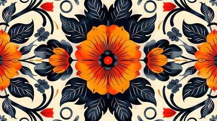 Obraz premium A striking vintage-inspired floral pattern featuring bold orange flowers with dark blue foliage on a cream background, perfect for textiles and wallpapers.