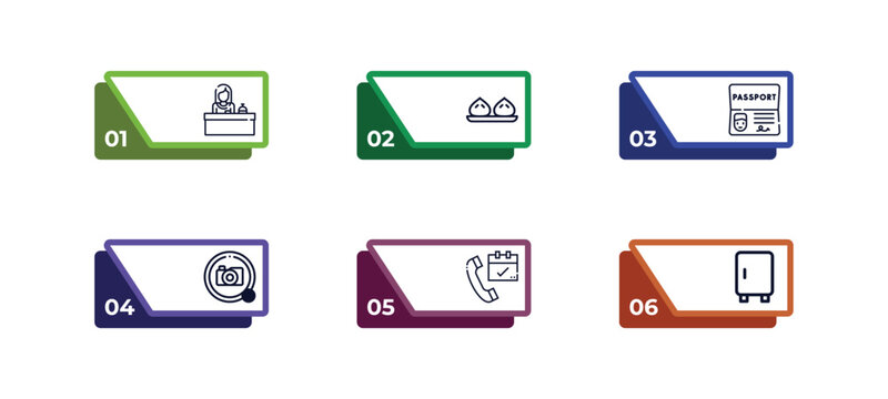 outline icons set from hotel and restaurant concept. editable vector included reception bell, dim sum, passport, no pictures, reserved, minibar icons.