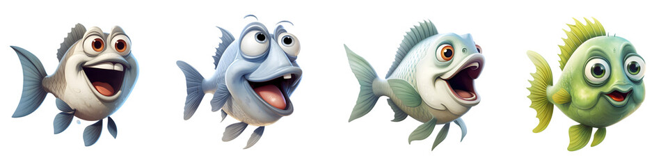 Set of Funny 3D Cartoon Fish Characters on Transparent Background