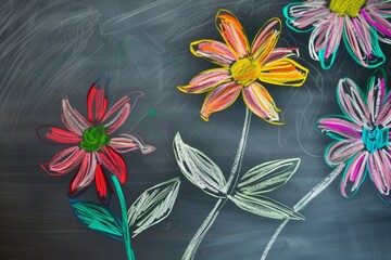 vibrant chalk flowers drawn on a slate gray background