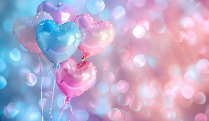 A beautiful pastel bokeh background with pink and blue hearts balloons