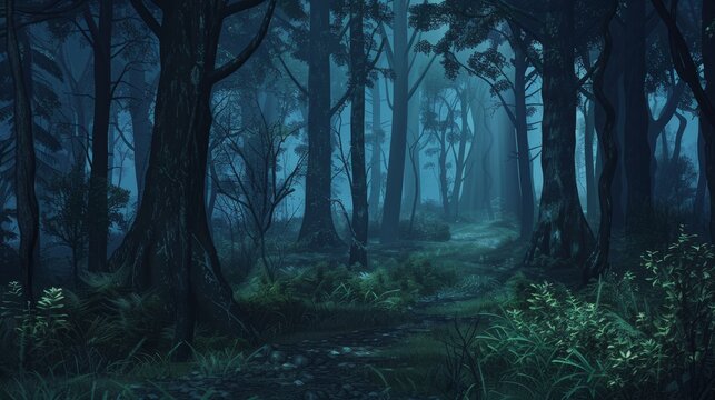  Dark forest panorama fantasy landscape. Mysterious background