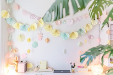 home office decorated with pastel paper garlands