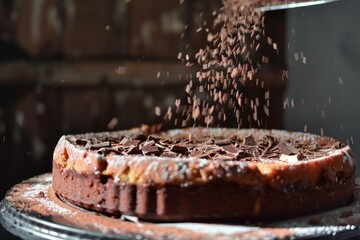 side view of grated chocolate being sprinkled over a cake