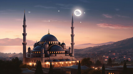 a painting of a mosque with a crescent moon - obrazy, fototapety, plakaty