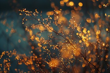 Golden bokeh lights sparkling on a dark background.