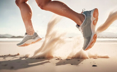 Athlete's foot in sneakers which starts to run. Sand flies under their shoes.