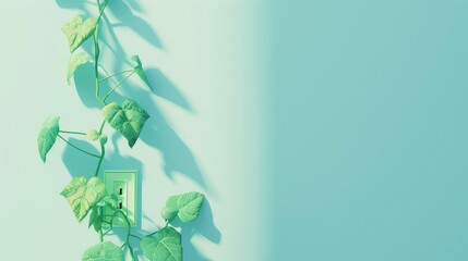 Green energy concept with a vibrant leafy vine growing from a green power socket on a pastel blue background, symbolizing eco-friendly power solutions - AI generated