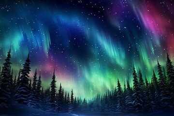 Aurora Night sky with northern lights over winter trees forest
 - obrazy, fototapety, plakaty