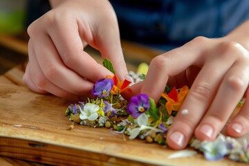hands arranging edible flowers on a fancy appetizer