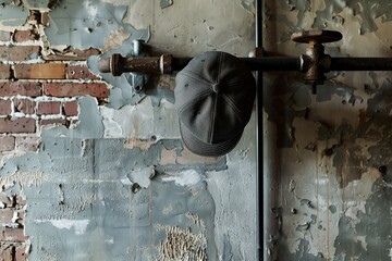 flat cap on an industrial pipe hook against a wall with exposed brick