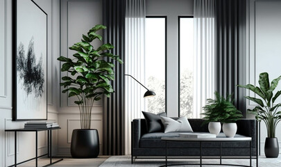 Flowers on fashionable living room interior with scandinavian design.