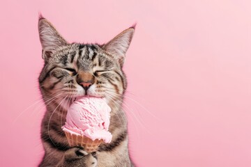 Obraz premium Gray cat happily eats pink ice cream on a pink background, with space for copy text