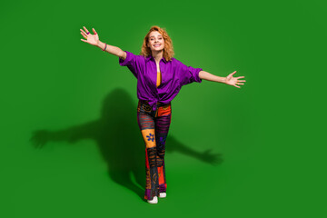 Photo portrait of lovely young lady stretching hands hugging dressed stylish violet clothes...