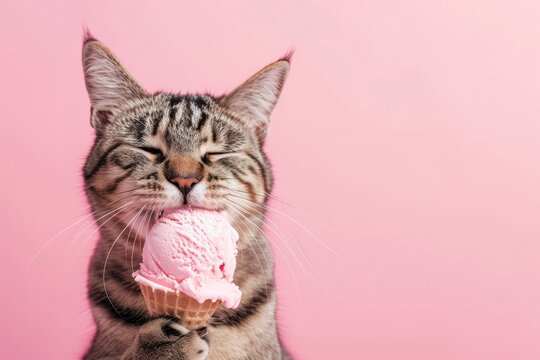 Gray cat happily eats pink ice cream on a pink background, with space for copy text