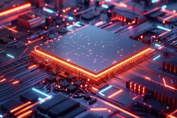 Obraz premium Advanced circuit board with glowing neon trails, showcasing high-tech electronic architecture and data processing in a vibrant technology concept - AI generated