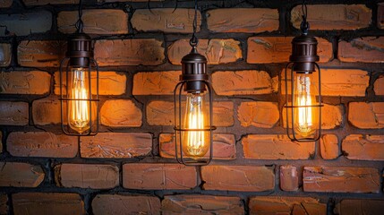 Decorative antique light bulbs against brick wall background.