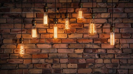 Decorative antique light bulbs against brick wall background.
