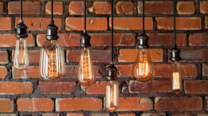 Decorative antique light bulbs against brick wall background.