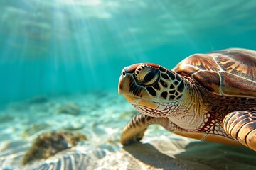 Fototapeta premium Beautiful close portrait of a turtle swimming in clear water in the ocean or sea 