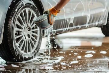 a person changing the water bucket while washing a car rim - obrazy, fototapety, plakaty