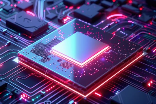 Advanced circuit board with glowing neon trails, showcasing high-tech electronic architecture and data processing in a vibrant technology concept - AI generated