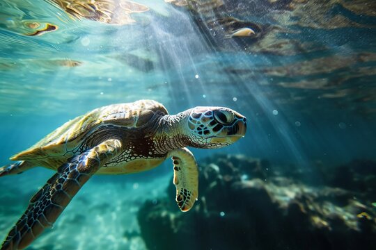 Beautiful close portrait of a turtle swimming in clear water in the ocean or sea
