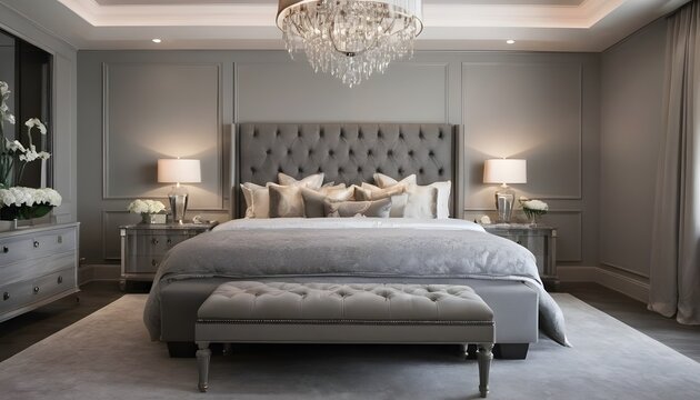 classic grey bedroom that exudes sophistication and elegance. The centerpiece of this tranquil space is a luxurious grey buttoned bed